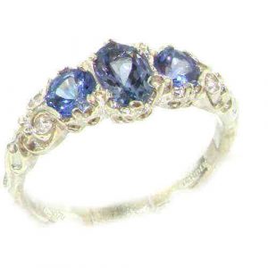Ladies Solid 14ct White Gold Natural Tanzanite English Victorian Trilogy Ring