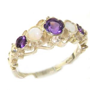 Solid Sterling Silver Genuine Natural Amethyst & Opal Ring of English Georgian Design