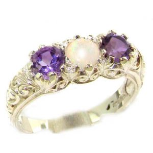 Luxury Solid Sterling Silver Natural Opal & Amethyst Art Nouveau Carved Trilogy Ring
