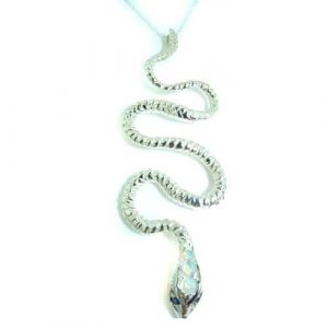 Luxury Ladies Solid White 9ct Gold Natural Opal & Sapphire Detailed Snake Pendant Necklace