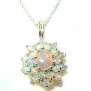 Luxury Ladies Solid 925 Sterling Silver Ornate Large Natural Fiery Opal 3 Tier Large Cluster Pendant Necklace