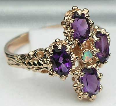 9ct Rose Gold Fiery Opal & Amethyst Ring